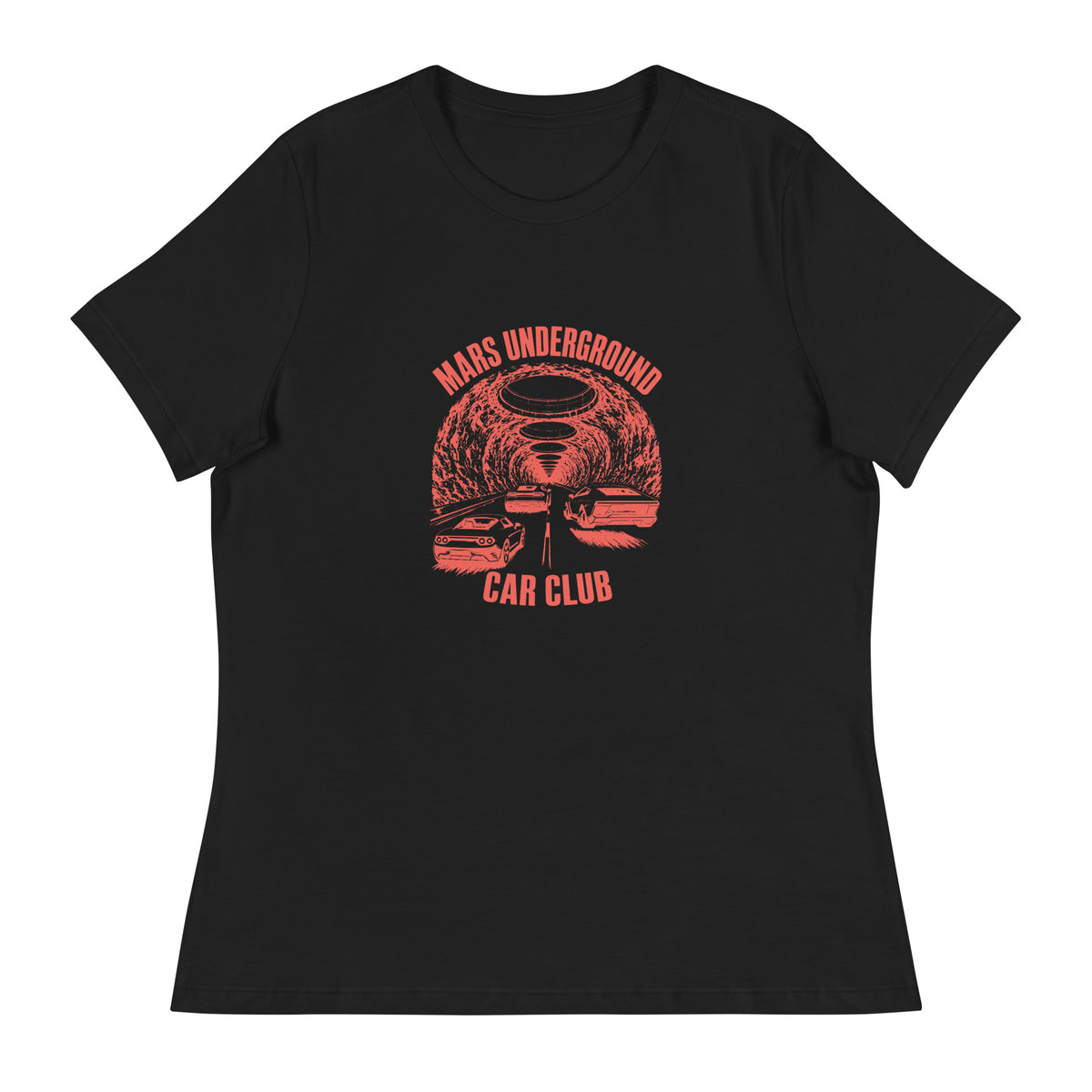 Mars Underground Car Club Tee, Women's Relaxed Fit, black, front view