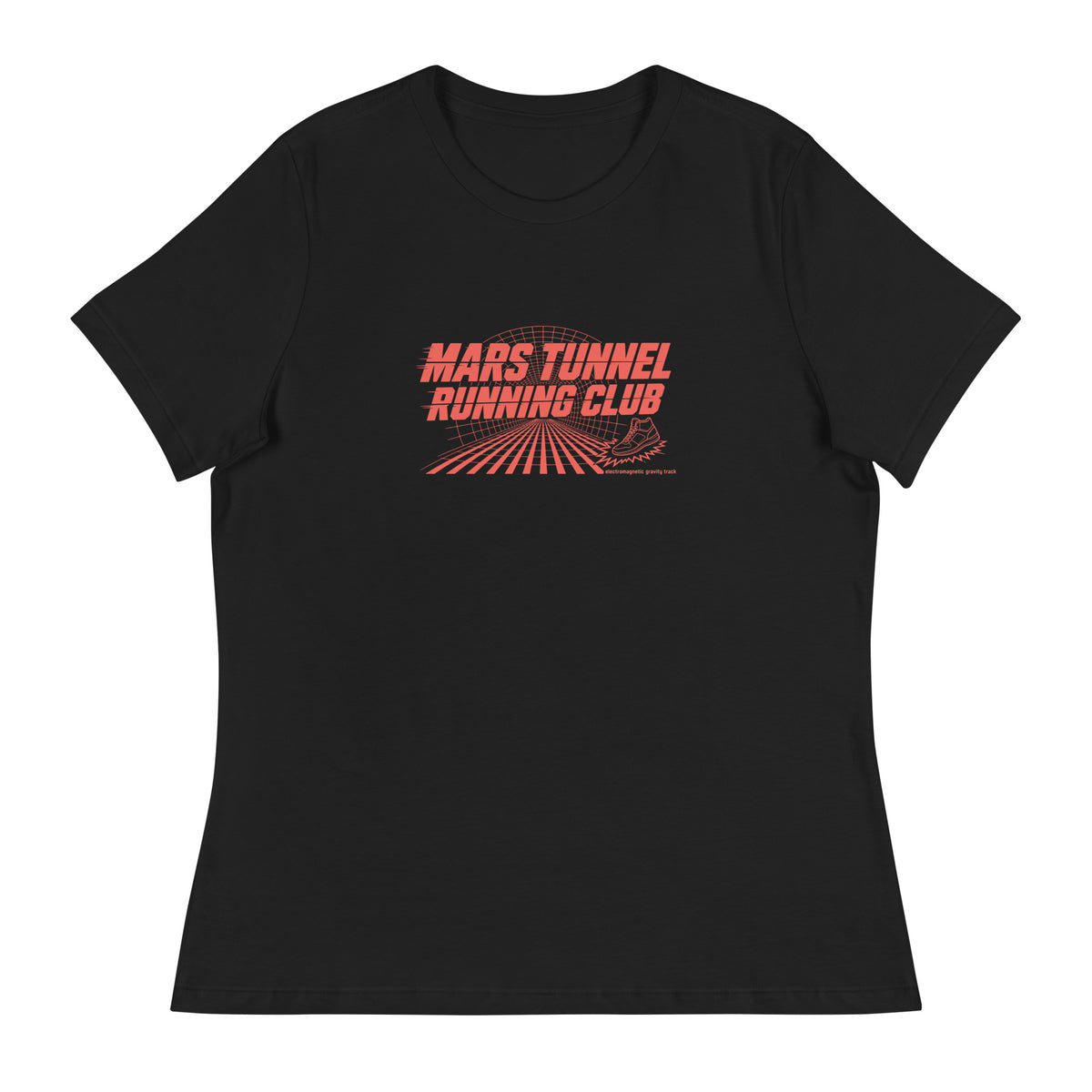 Mars Tunnel Running Club Tee, Women's Relaxed Fit, black, front view