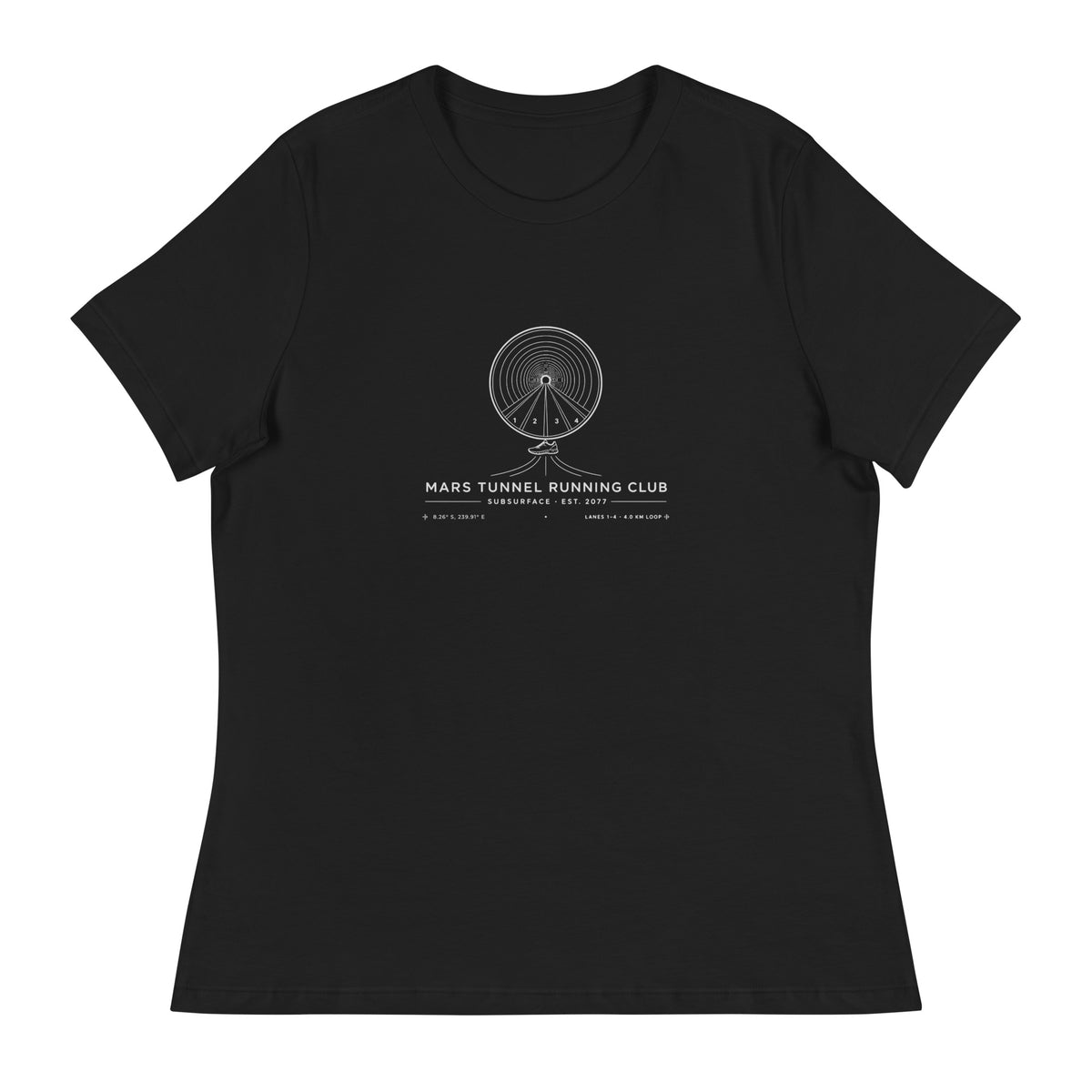 Mars Tunnel Running Club Subsurface Tee, Women's Relaxed Fit, black, front view